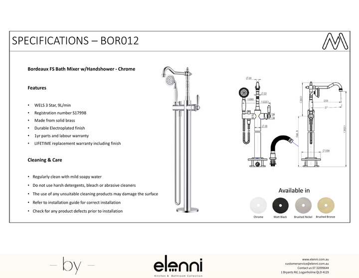 Bordeaux Freestanding Bath Mixer with Hand Shower - Elenni Kiri specification drawing