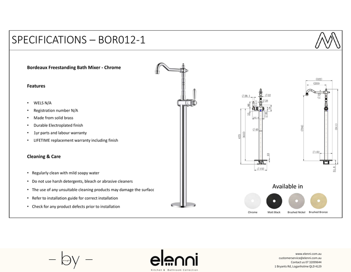 Bordeaux Freestanding Bath Mixer Spec (Kiri)