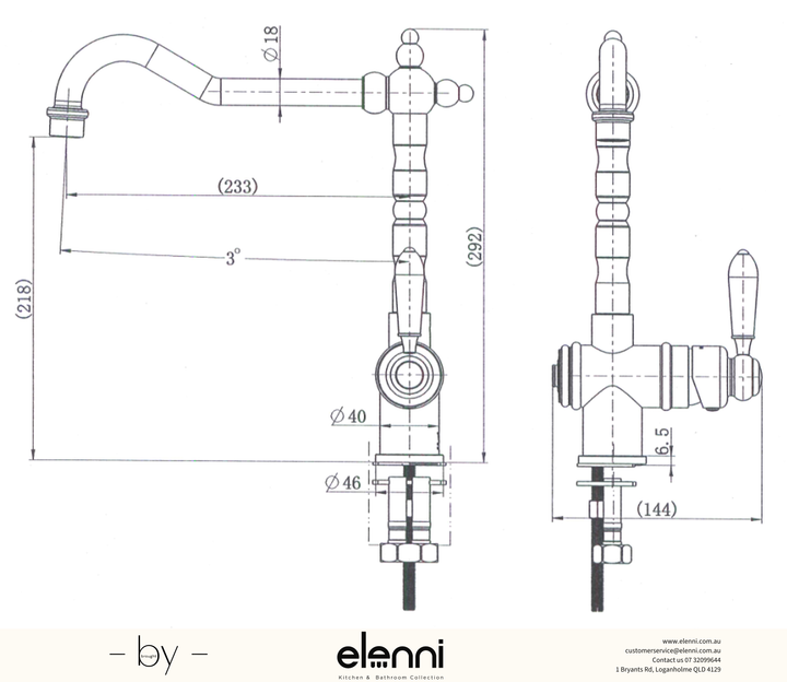 Bordeaux Kitchen Mixer - Elenni specification drawing