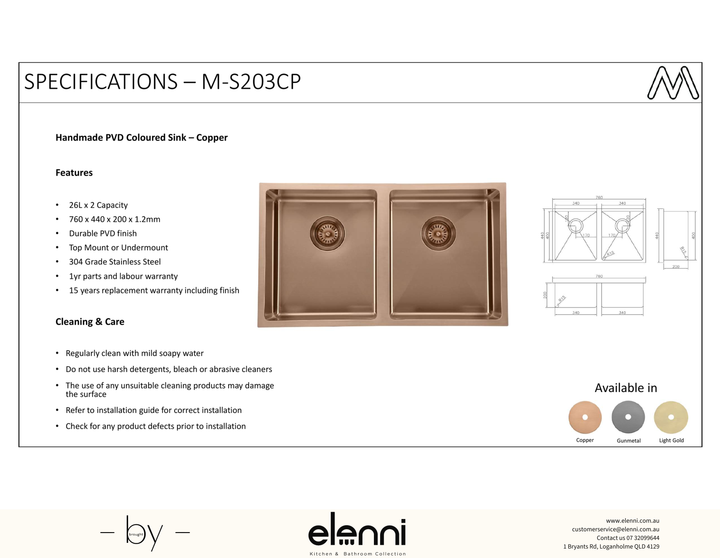 Coloured Double Bowl Sink 26L+26L - Copper - Elenni specification sheet