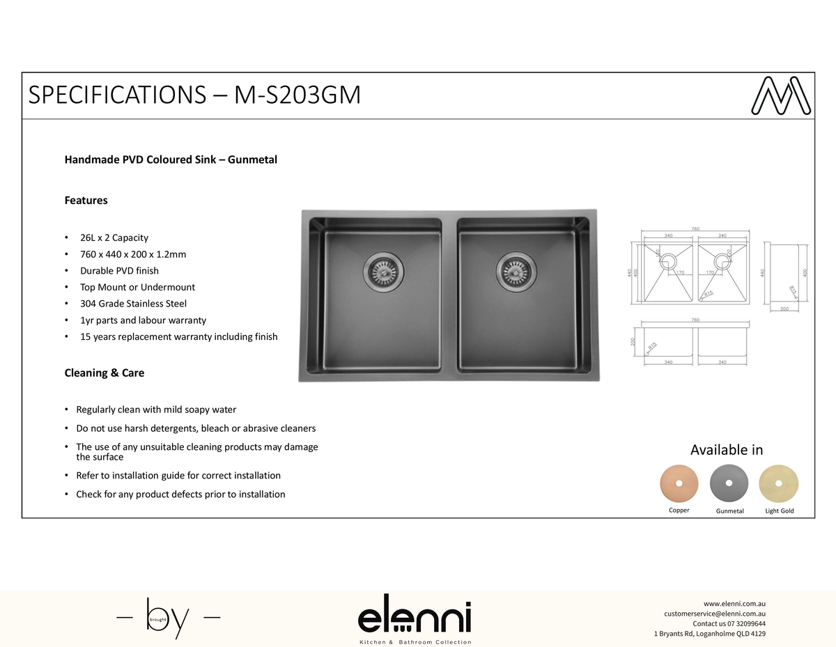 Coloured Double Bowl Sink 26L+26L - Gunmetal - Elenni specification sheet