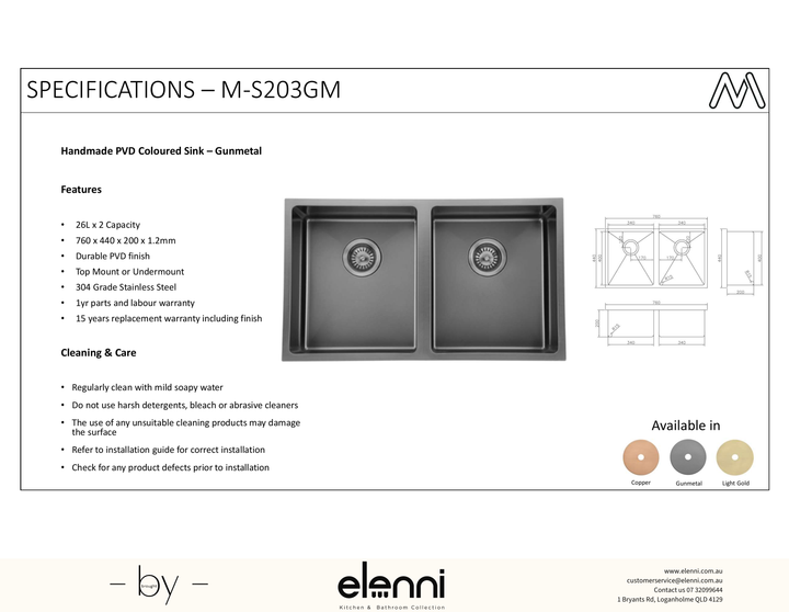 Coloured Double Bowl Sink 26L+26L - Gunmetal - Elenni specification sheet