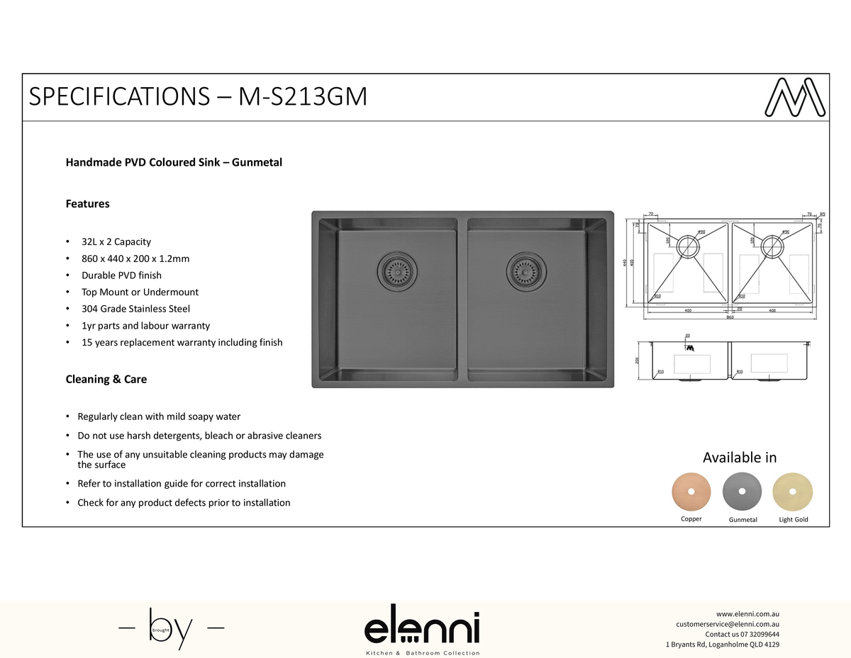 Coloured Double Bowl Sink 75L - Gunmetal - Elenni specification sheet