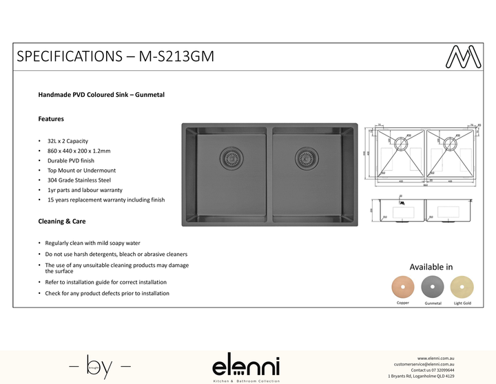 Coloured Double Bowl Sink 75L - Gunmetal - Elenni specification sheet