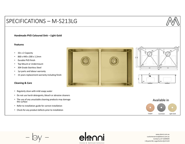 Coloured Double Bowl Sink 75L - Light Gold - Elenni specification sheet