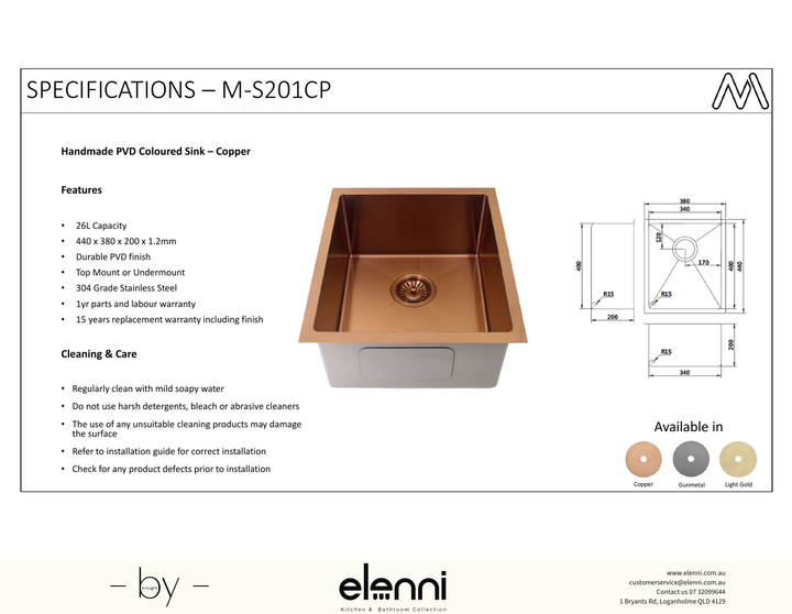 Coloured Single Bowl Sink 26L - Copper - Elenni specification sheet