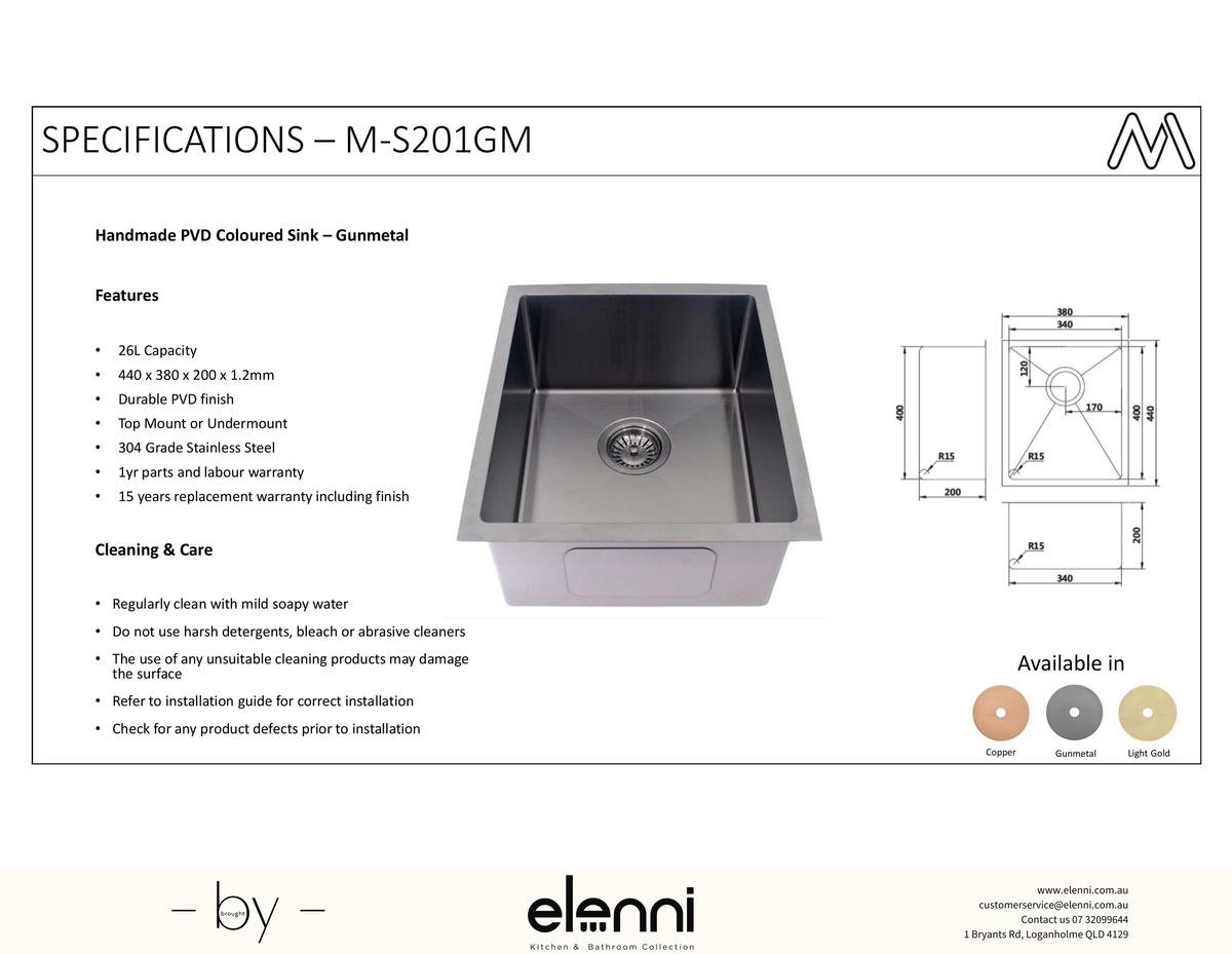 Coloured Single Bowl Sink 26L - Gunmetal - Elenni specification sheet