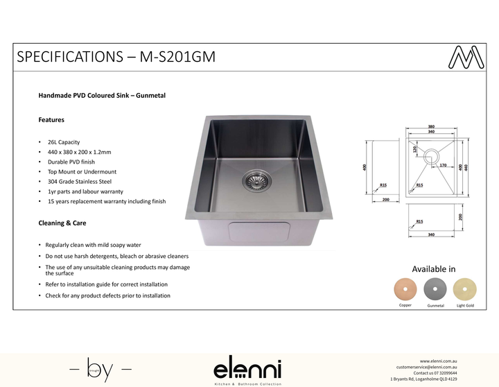 Coloured Single Bowl Sink 26L - Gunmetal - Elenni specification sheet