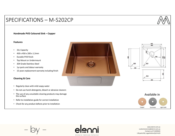Coloured Single Bowl Sink 31L - Copper - Elenni specification sheet