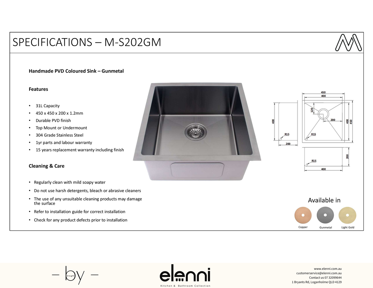 Coloured Single Bowl Sink 31L - Gunmetal - Elenni specification sheet