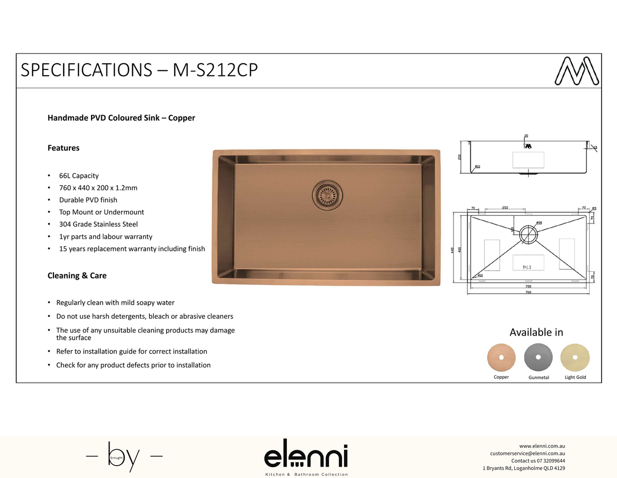 Coloured Single Bowl Sink 66L - Copper - Elenni specification sheet