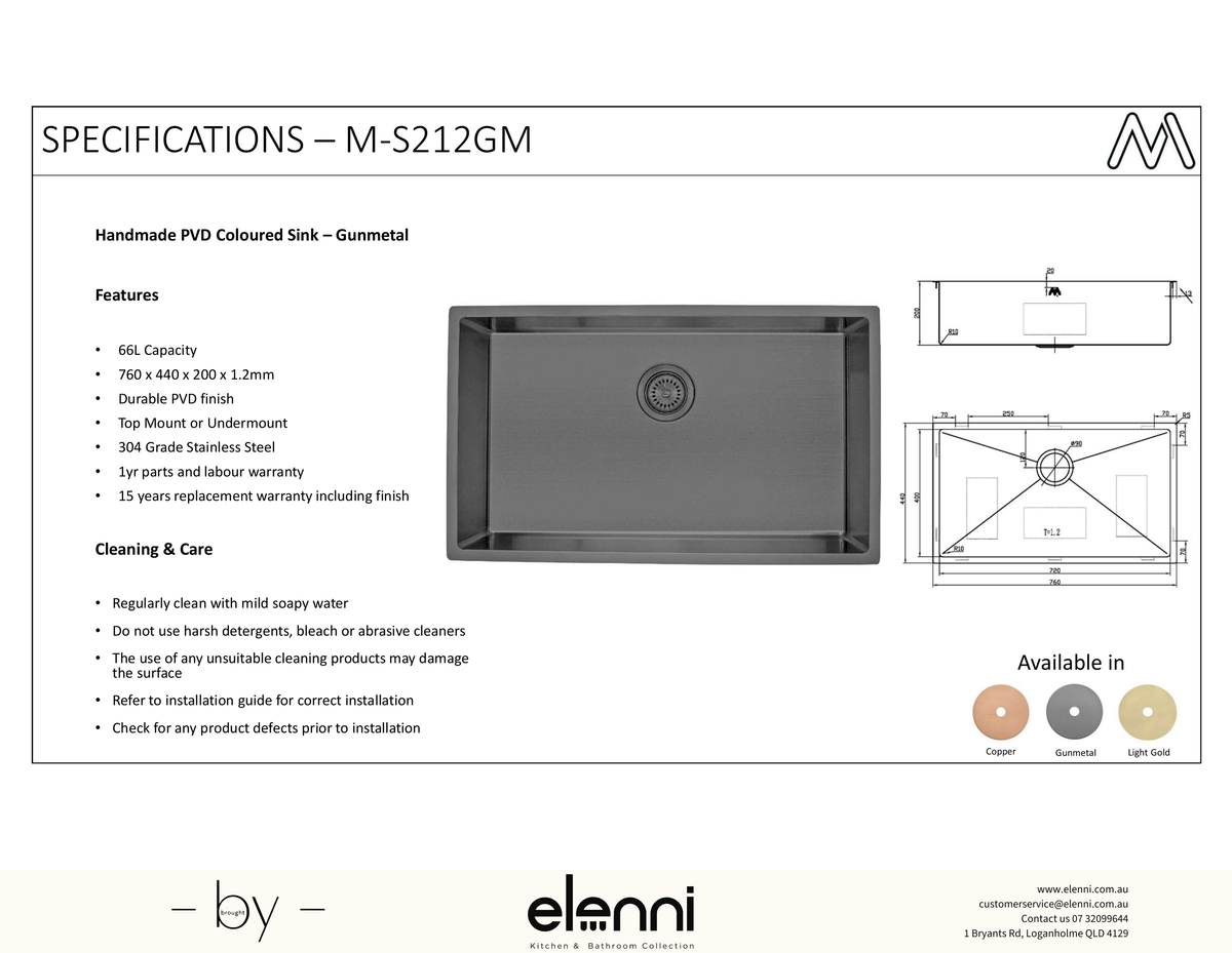 Coloured Single Bowl Sink 66L - Gunmetal - Elenni specification sheet