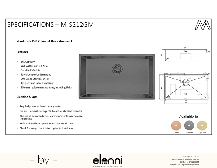 Coloured Single Bowl Sink 66L - Gunmetal - Elenni specification sheet