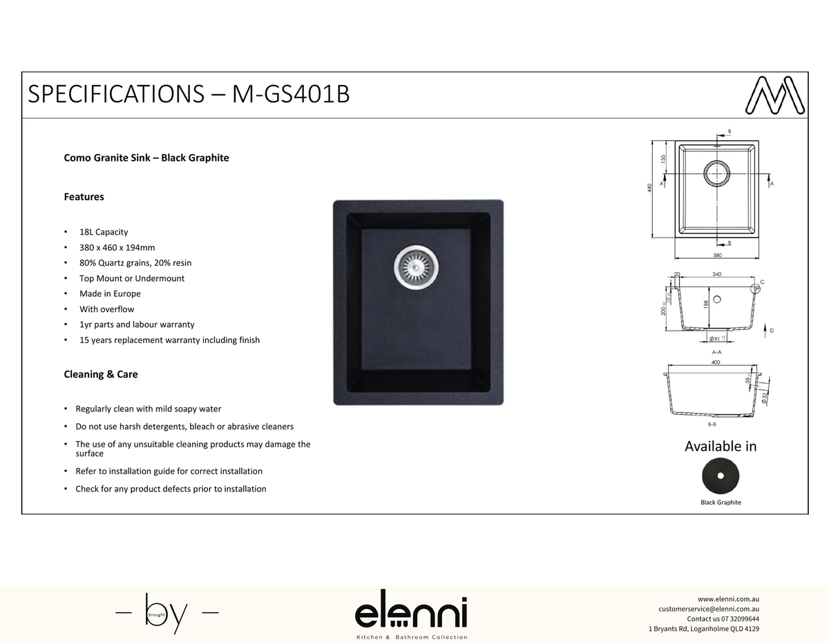 Como Single Bowl Granite Sink 18L - Elenni specification sheet
