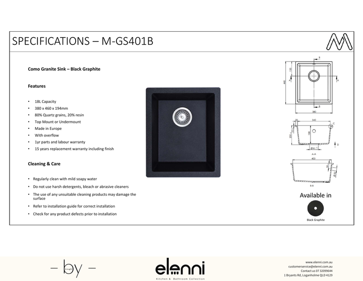 Como Single Bowl Granite Sink 18L - Elenni specification sheet