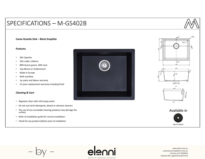 Como Single Bowl Granite Sink 28L - Elenni specification sheet