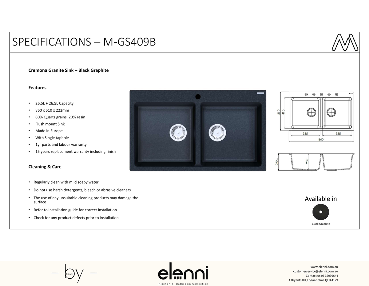 Cremona Double Bowl Granite Sink 26.5L+26.5L - Elenni specification sheet