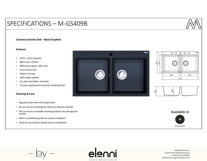 Cremona Double Bowl Granite Sink 26.5L+26.5L - Elenni specification sheet