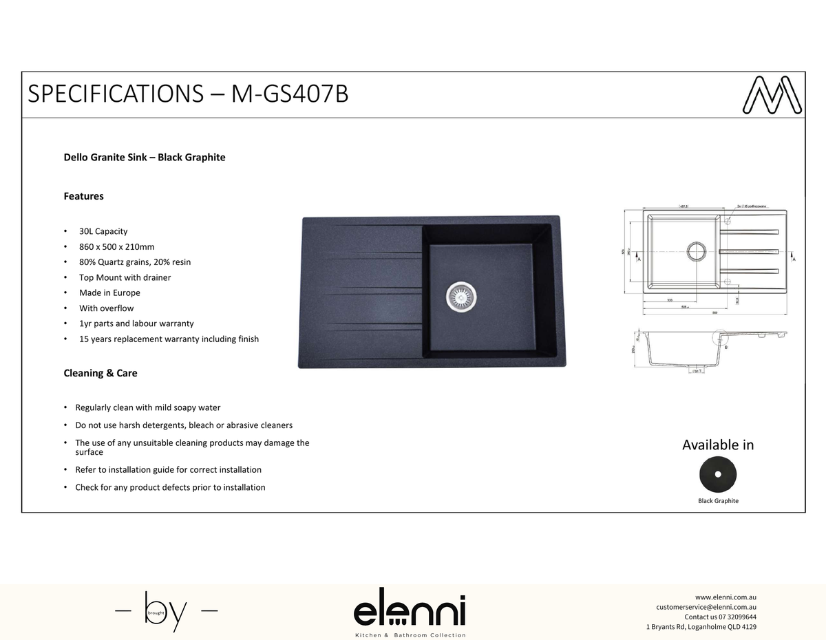Dello Single Bowl Granite Sink with Drainer 30L - Elenni specification sheet