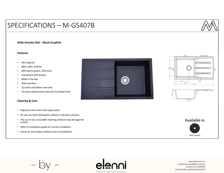 Dello Single Bowl Granite Sink with Drainer 30L - Elenni specification sheet