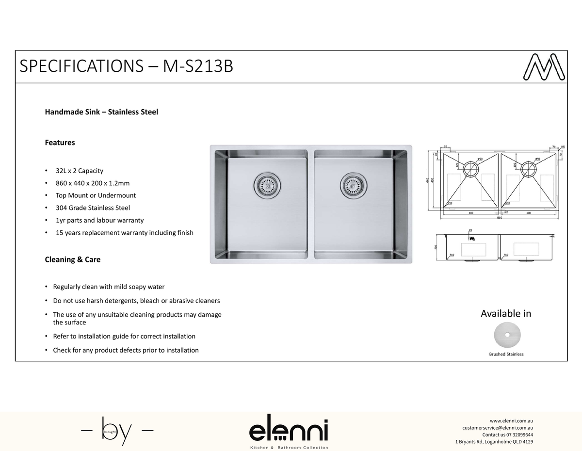 Double Bowl Stainless Steel Sink 75L - Elenni specification sheet