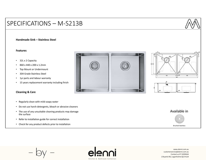 Double Bowl Stainless Steel Sink 75L - Elenni specification sheet