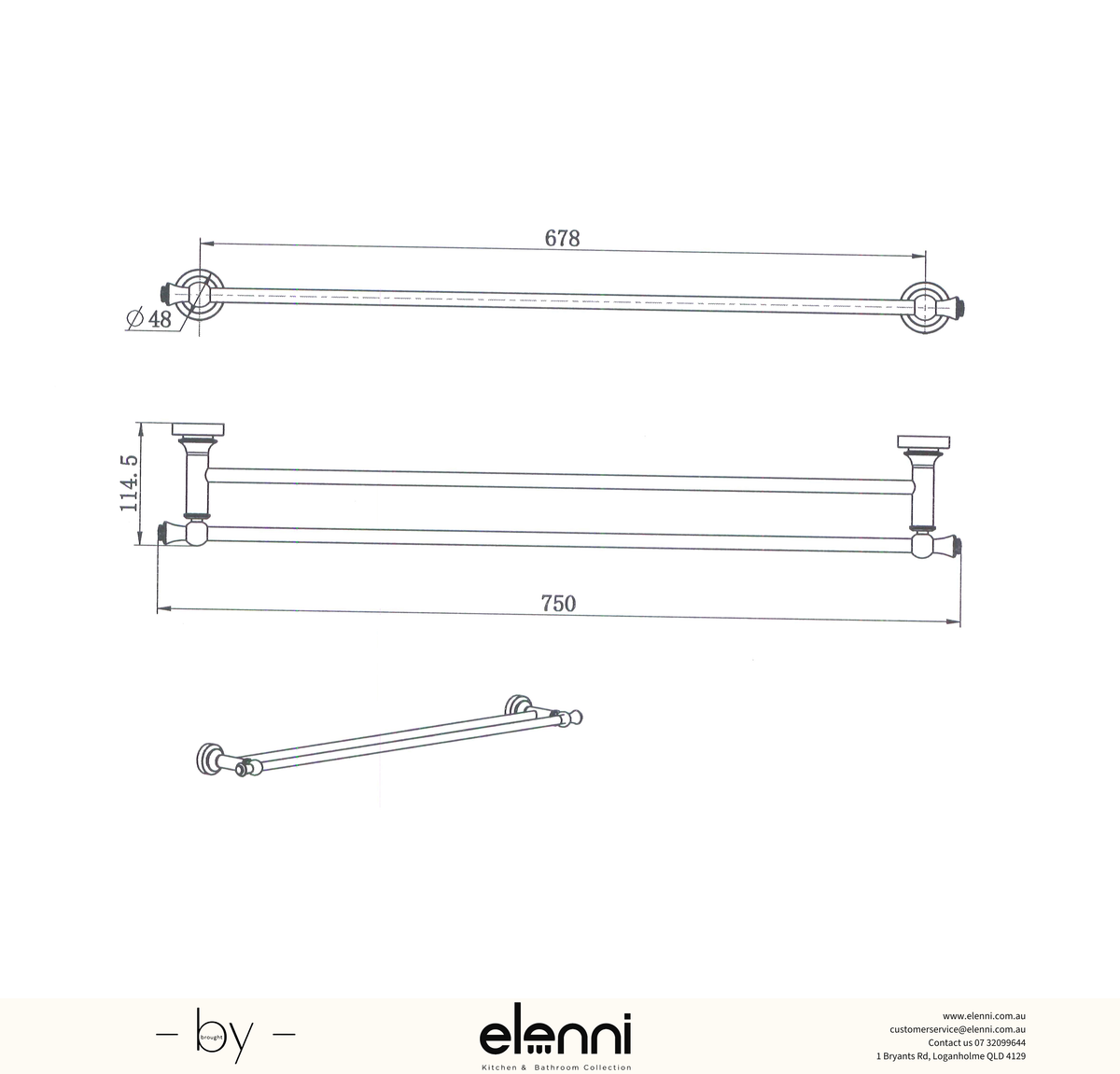 Medoc Double Towel Rail 750mm - Elenni Kiri specification drawing