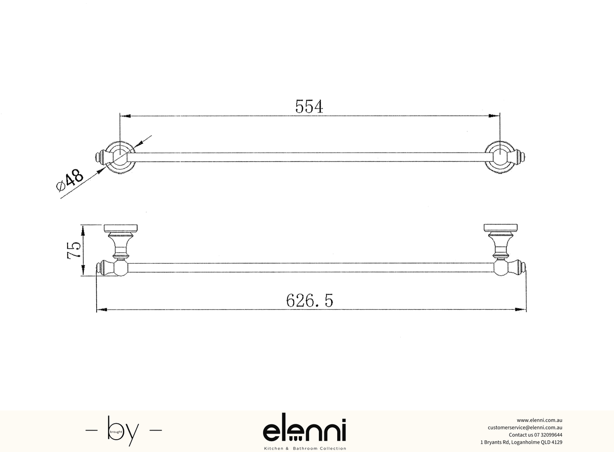 Medoc Single Towel Rail 600mm - Elenni Kiri specification drawing