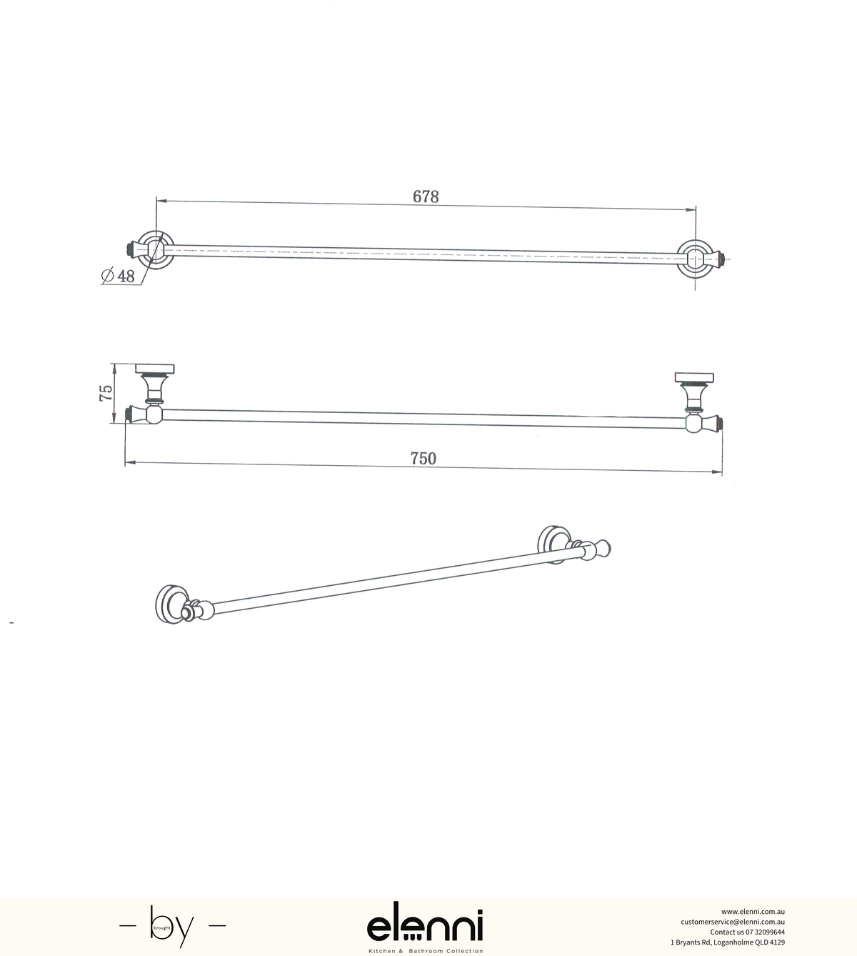 Medoc Single Towel Rail 750mm - Elenni Kiri specification drawing