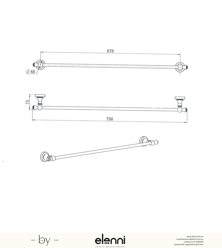 Medoc Single Towel Rail 750mm - Elenni Kiri specification drawing