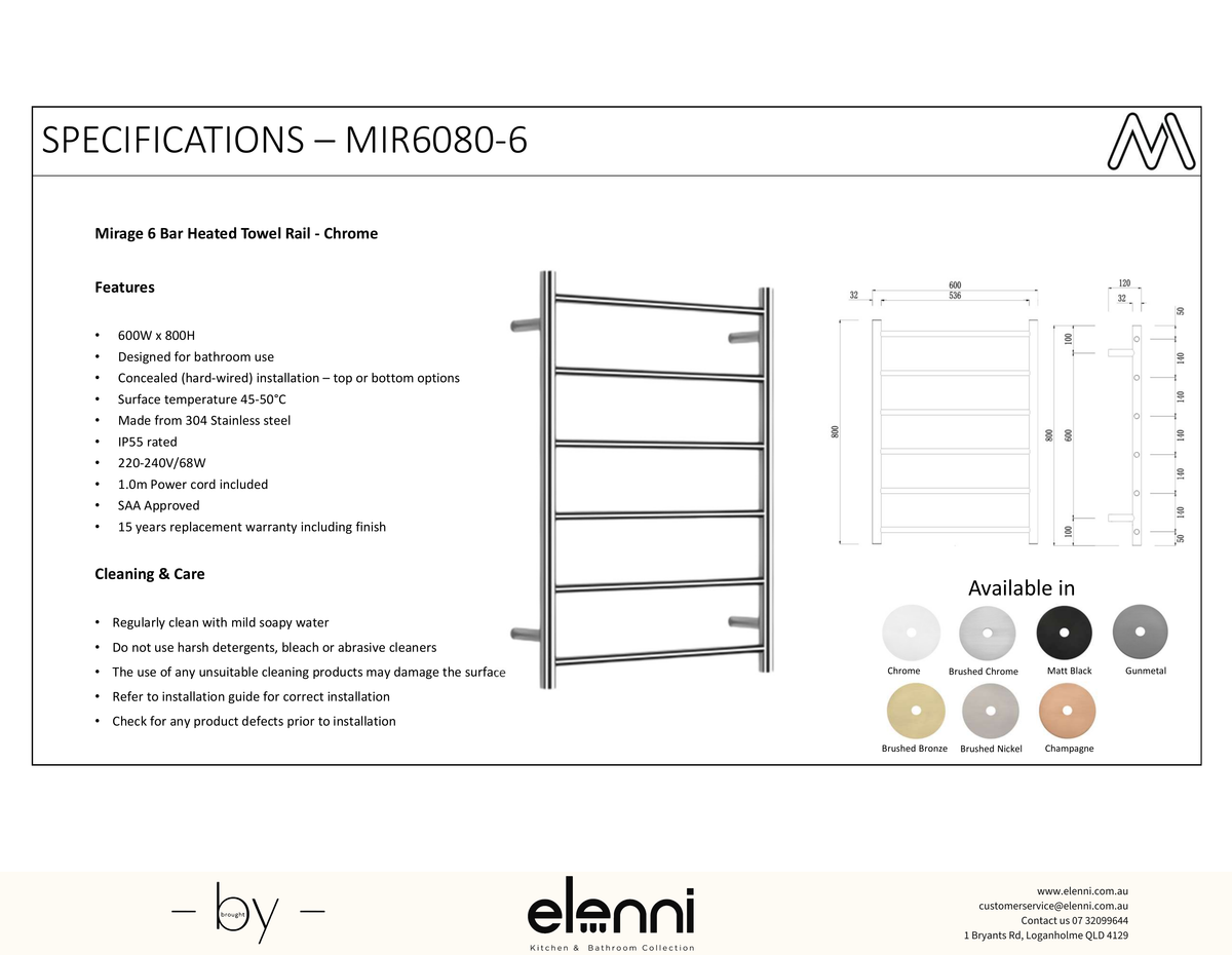 Mirage 6 Bar Heated Towel Rail - Elenni Kiri specification drawing
