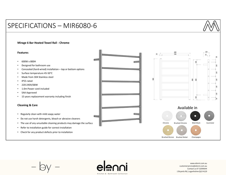 Mirage 6 Bar Heated Towel Rail - Elenni Kiri specification drawing