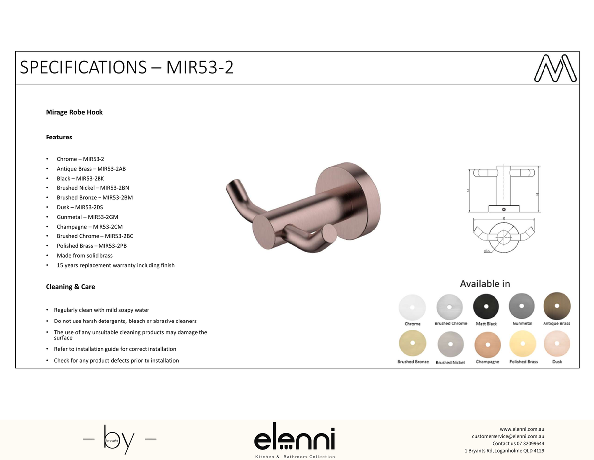 Mirage Double Robe Hook - Elenni Kiri specification drawing