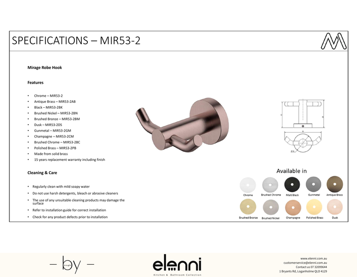 Mirage Double Robe Hook - Elenni Kiri specification drawing