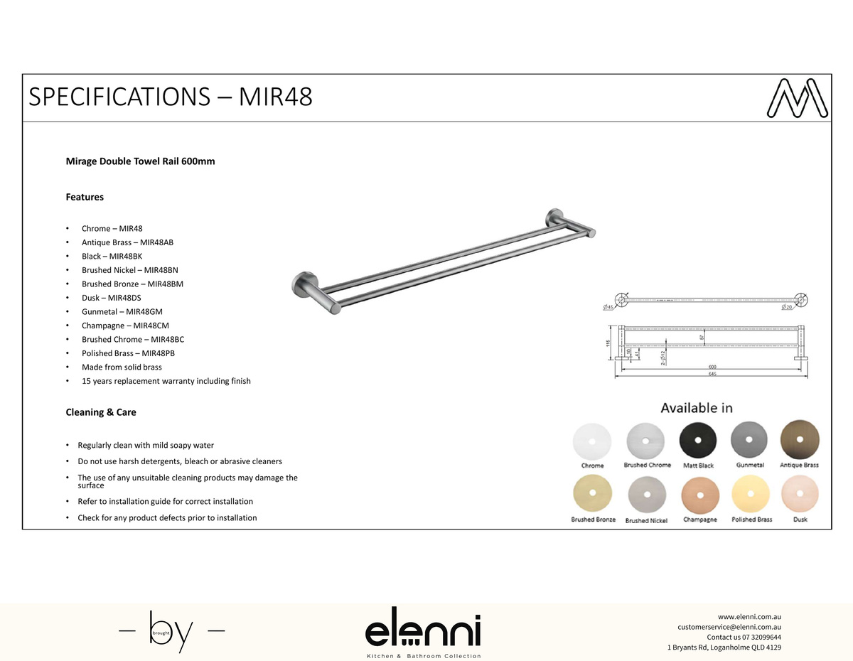 Mirage Double Towel Rail 600mm - Elenni Kiri specification drawing