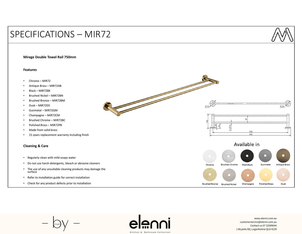 Mirage Double Towel Rail 750mm - Elenni Kiri specification drawing