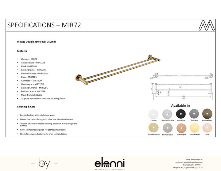 Mirage Double Towel Rail 750mm - Elenni Kiri specification drawing