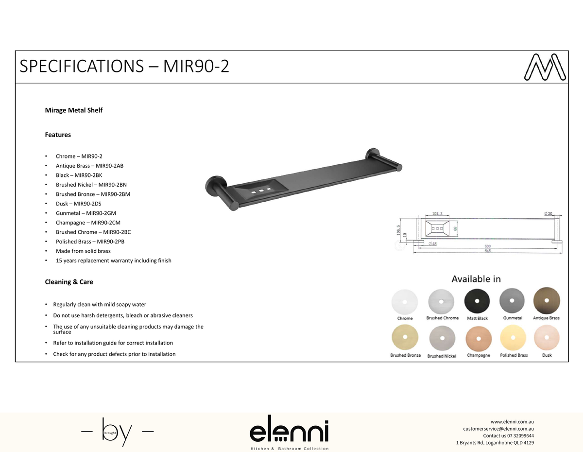 Mirage Metal Shelf - Elenni Kiri specification drawing