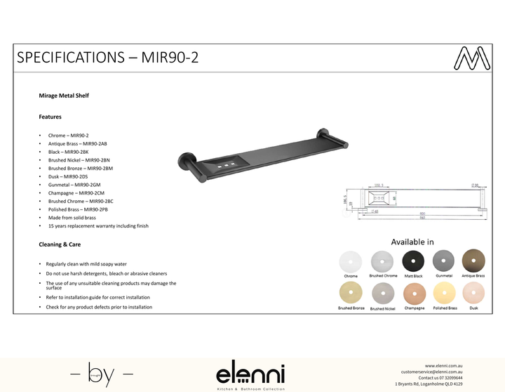 Mirage Metal Shelf - Elenni Kiri specification drawing