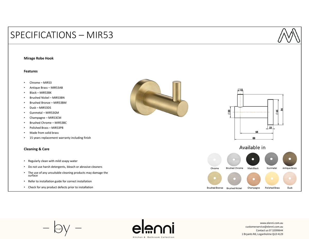 Mirage Single Robe Hook - Elenni Kiri specification drawing