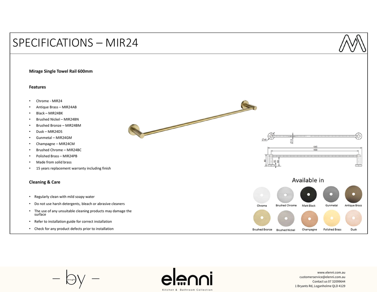 Mirage Single Towel Rail 600mm - Elenni Kiri specification drawing
