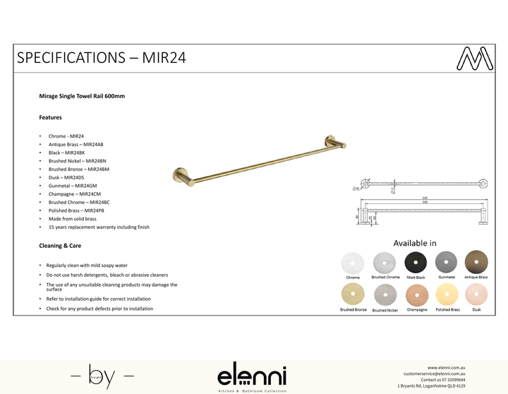 Mirage Single Towel Rail 600mm - Elenni Kiri specification drawing