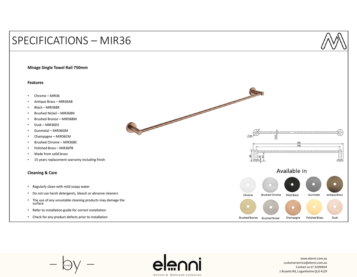 Mirage Single Towel Rail 750mm - Elenni Kiri specification drawing