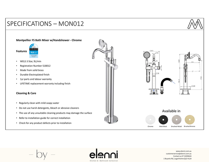 Montpellier Freestanding Bath Mixer with Hand Shower - Elenni Kiri specification drawing