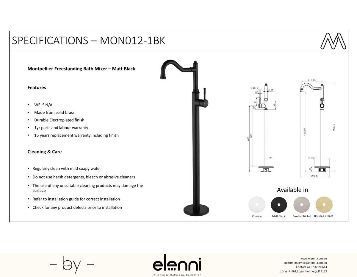Montpellier Freestanding Bath Mixer - Elenni Kiri specification drawing
