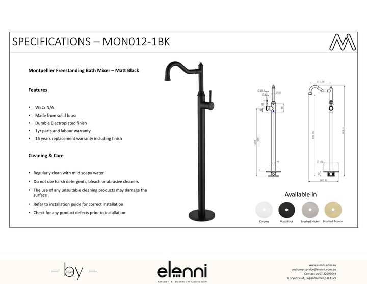 Montpellier Freestanding Bath Mixer - Elenni Kiri specification drawing