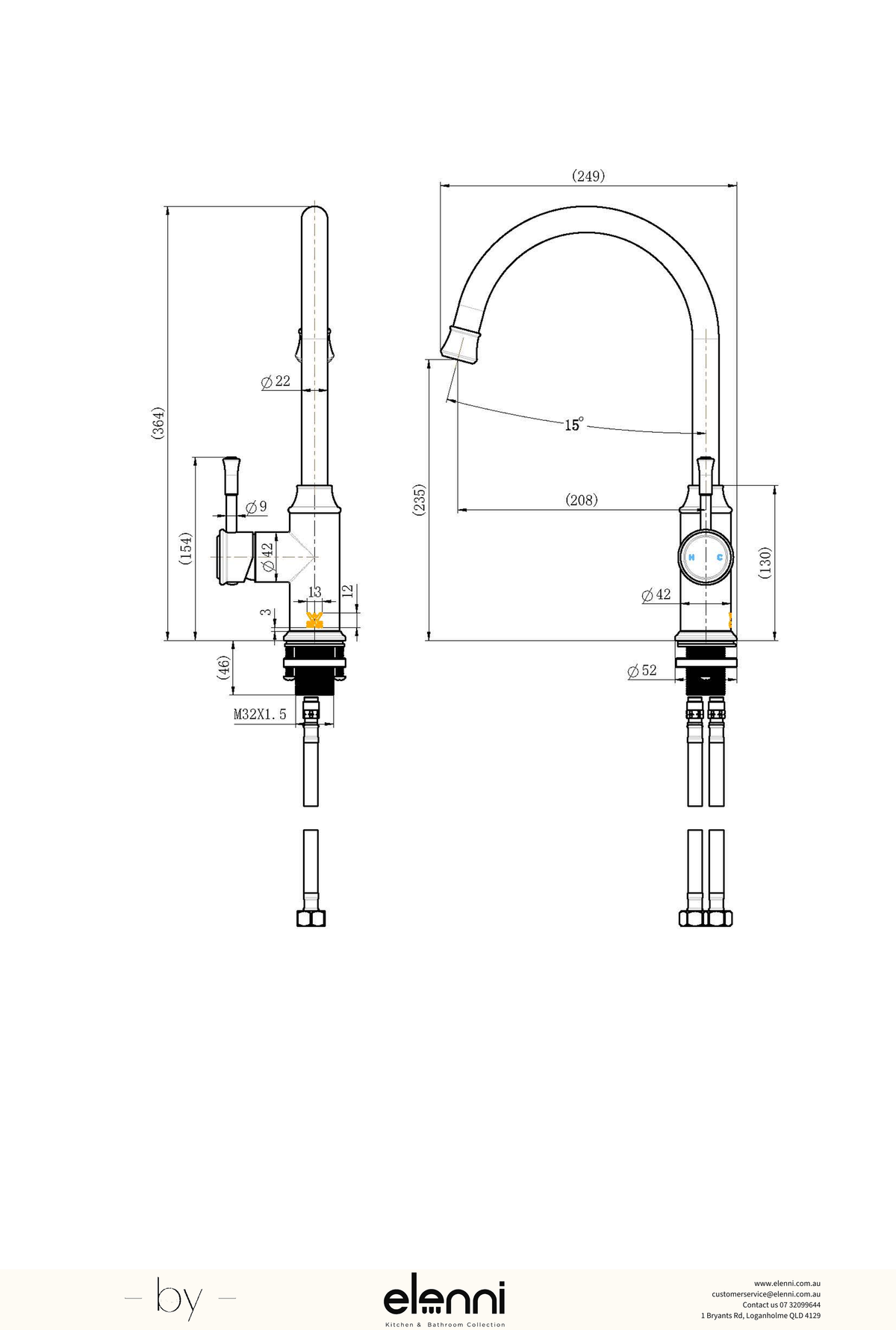 Montpellier Gooseneck Kitchen Mixer - Elenni specification drawing