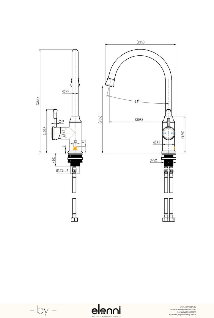 Montpellier Gooseneck Kitchen Mixer - Elenni specification drawing