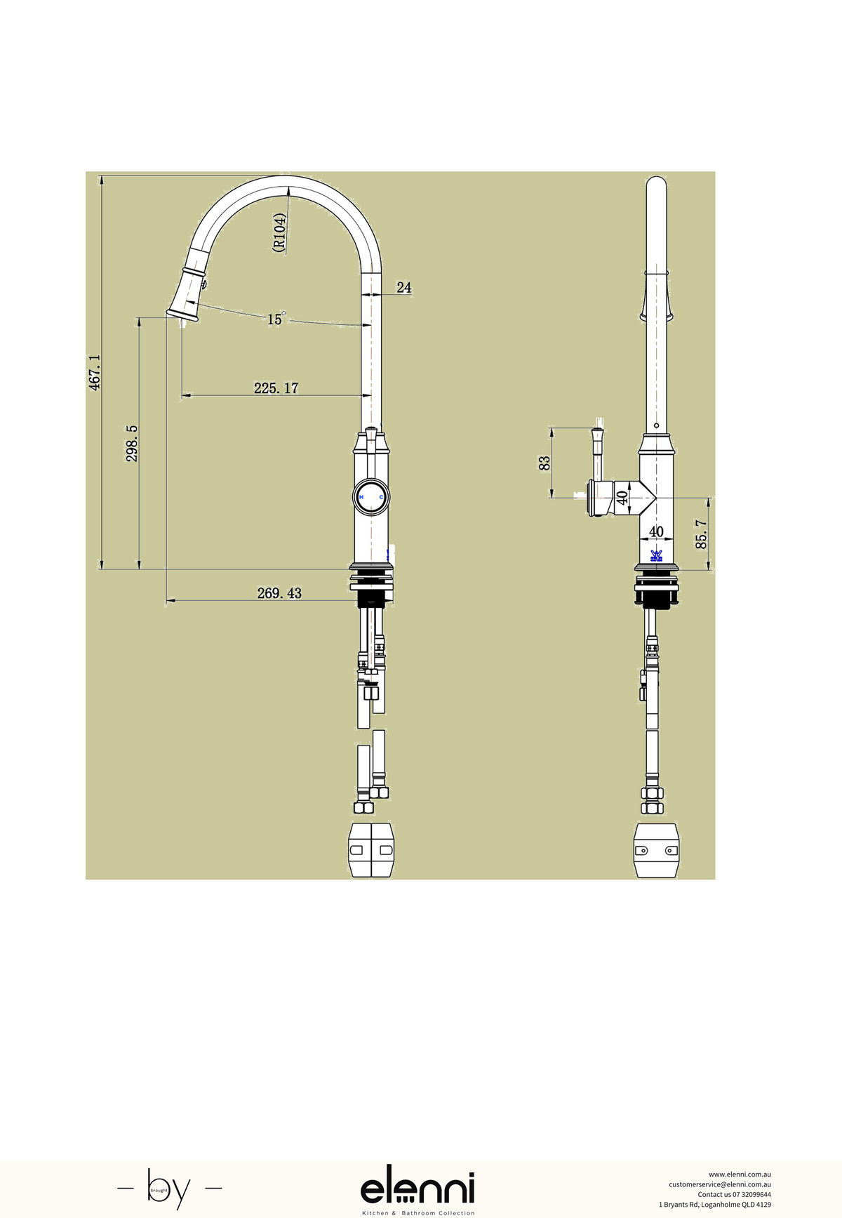 Montpellier Pull-Out Kitchen Mixer - Elenni specification drawing