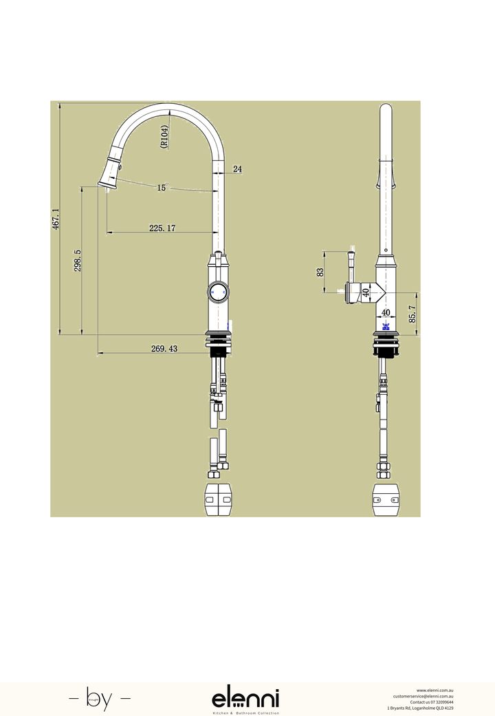 Montpellier Pull-Out Kitchen Mixer - Elenni specification drawing